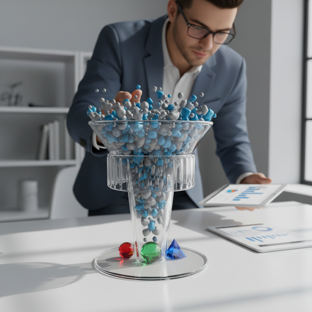 A photorealistic image of a marketing funnel diagram on a clean desk, the top filled with numerous small indistinct blobs representing unqualified leads, the middle partially blocked by a transparent barrier, and only a few clearly defined shapes reaching the bottom; a marketer studies the setup with a tablet nearby. Cinematic lighting, professional studio quality, 8k.