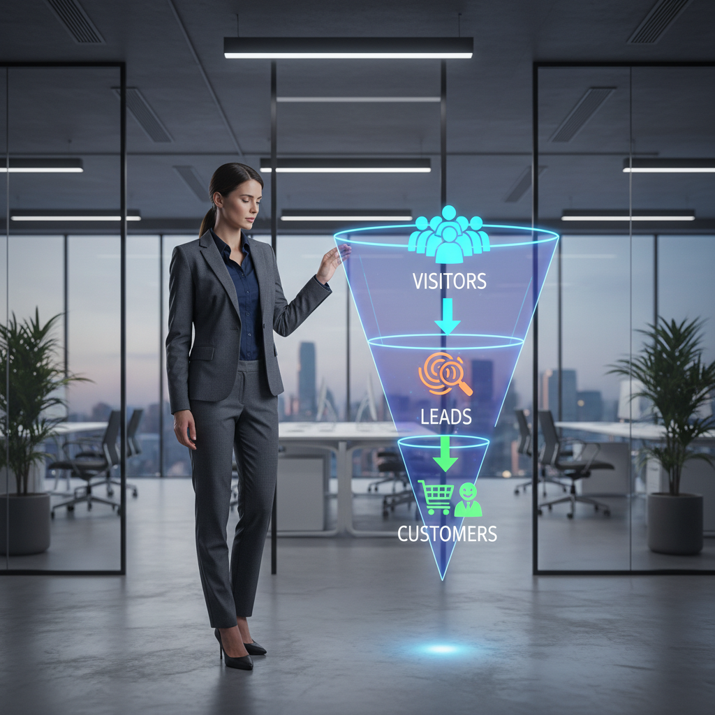 A photorealistic image of a marketing professional in a sleek modern office, standing beside a holographic three-step conversion funnel showing abstract icons for visitors, leads, and customers, with glowing arrows illustrating the three-step formula. Cinematic lighting, professional studio quality, 8k.