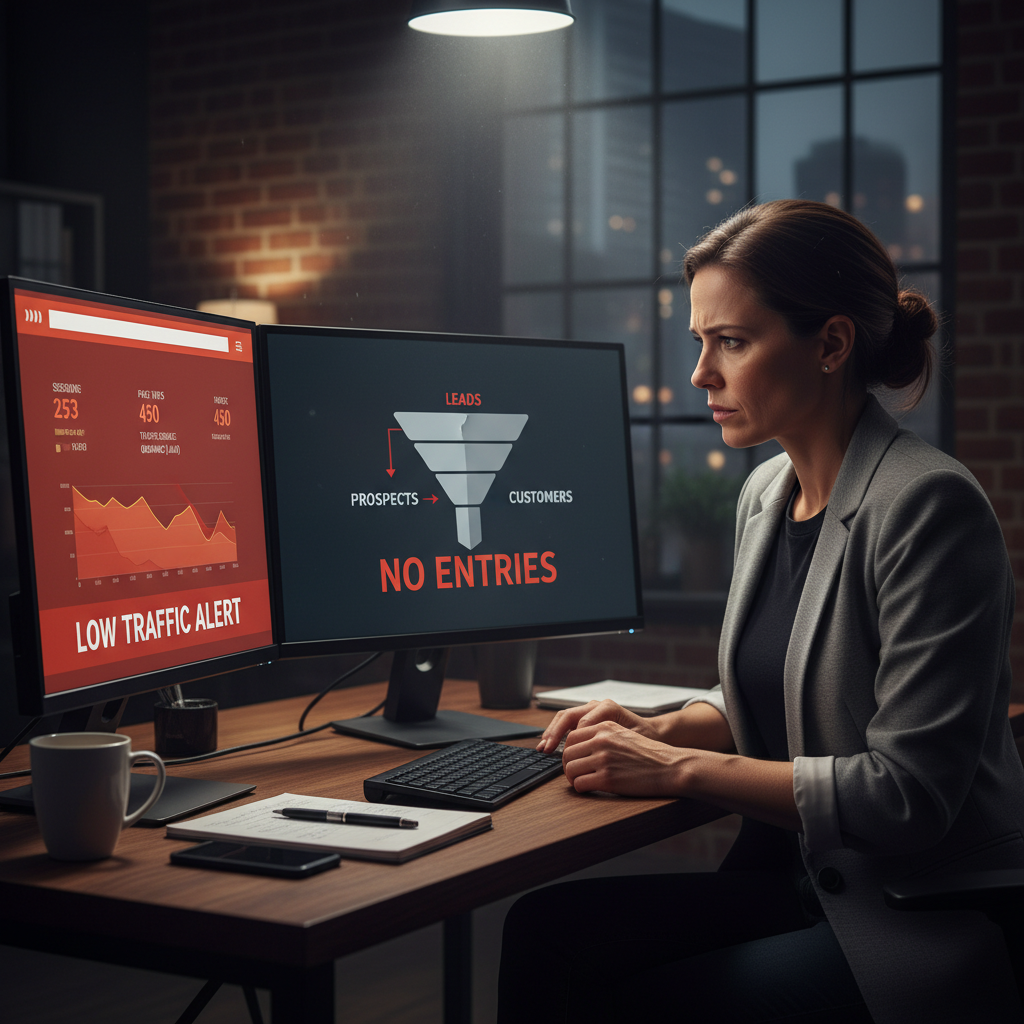 A photorealistic image of a marketer at a desk looking at two monitors: the left monitor displays a website analytics dashboard with low traffic, and the right monitor shows an empty conversion funnel diagram, indicating leads not entering the funnel. Cinematic lighting, professional studio quality, 8k.