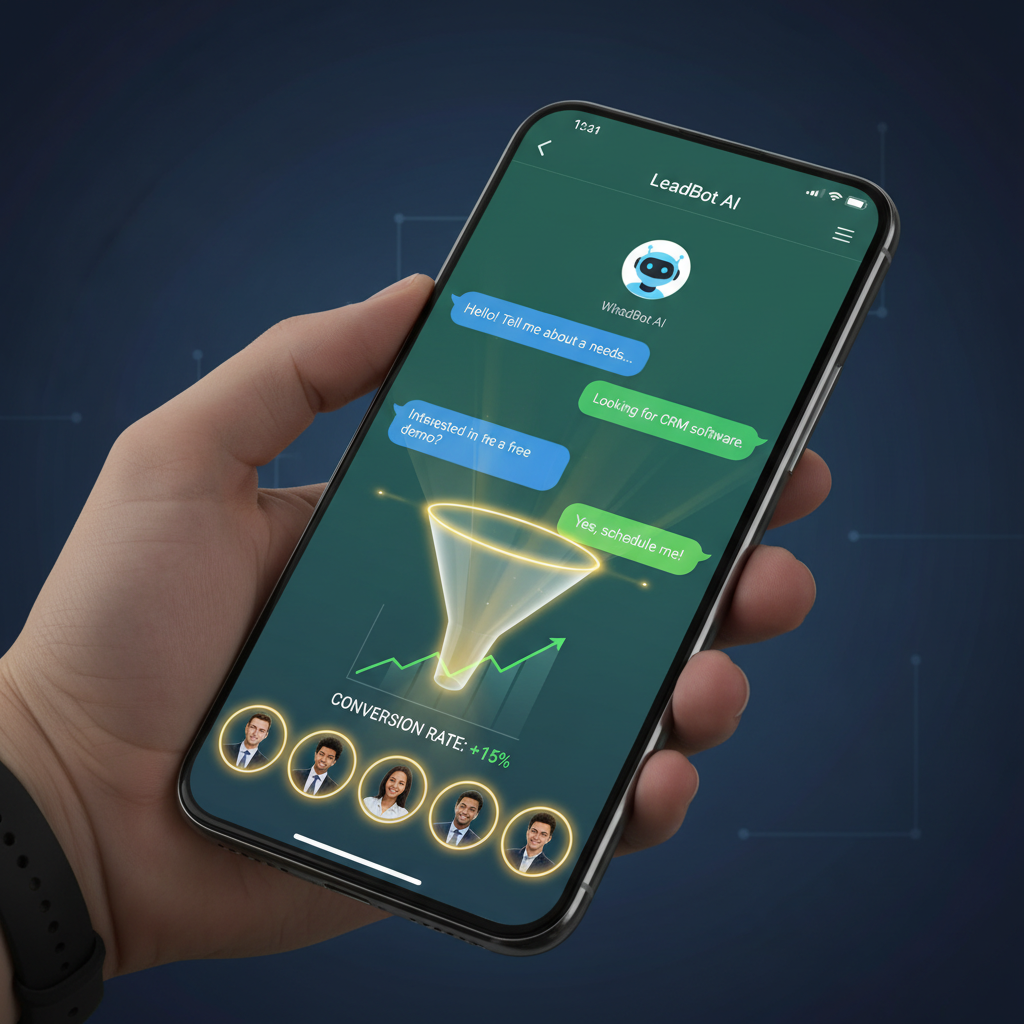 A photorealistic image of a smartphone screen displaying a WhatsApp-like chat interface where a bot converts conversations into leads, with glowing chat bubbles funneling toward a row of customer icons and a rising conversion graph. Cinematic lighting, professional studio quality, 8k.