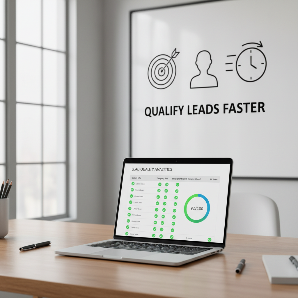 A photorealistic image of a clean workspace with a laptop displaying a lead scoring dashboard with green checkmark icons for qualifying criteria, and a whiteboard in the background with simple icon-based criteria (target symbol, user silhouette, clock) to represent defining a high-quality lead quickly. Cinematic lighting, professional studio quality, 8k.