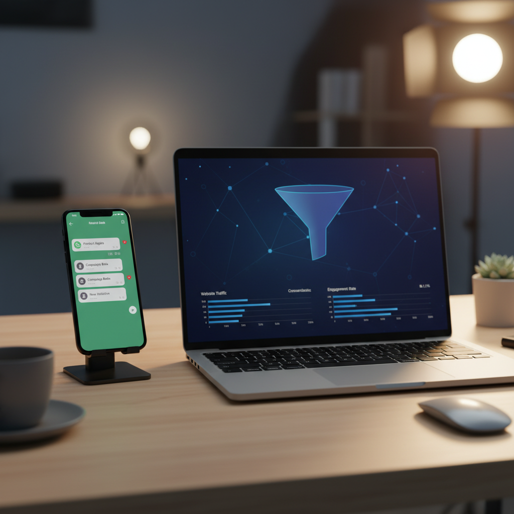A photorealistic image of a modern desk setup showing a smartphone with a WhatsApp-style chat interface featuring stagnant lead counts, and a laptop screen displaying an abstract analytics dashboard with a flat funnel and low engagement. Cinematic lighting, professional studio quality, 8k.