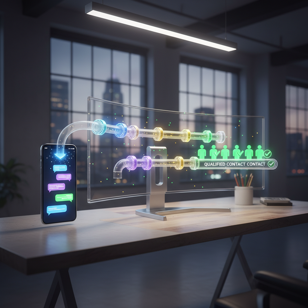 A photorealistic image of a workspace where a chatbot-driven process transforms conversations into qualified contacts: chat bubbles on a smartphone feeding a bright pipeline on a monitor, producing a line of green check-marked client icons. Cinematic lighting, professional studio quality, 8k.