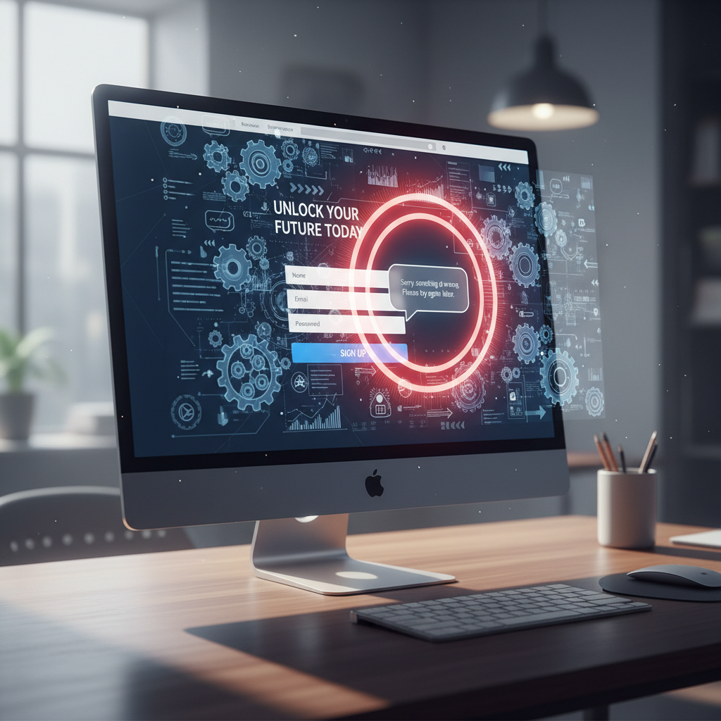 A photorealistic image of a modern landing page on a desktop monitor featuring a chat widget that blocks a registration form, with a faint glow suggesting a failed conversion, while behind the screen a translucent holographic network of gears and arrows represents the invisible strategy shaping leads. Cinematic lighting, professional studio quality, 8k.