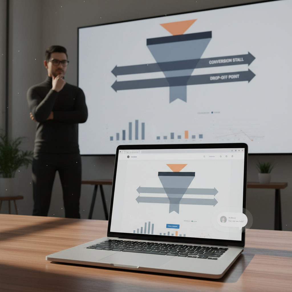 A photorealistic image of a laptop showing a landing page with a chat widget and minimal user interaction, while a large analytics dashboard in the background displays a stagnating conversion funnel through abstract shapes and arrows, with a designer observing the scene. Cinematic lighting, professional studio quality, 8k.