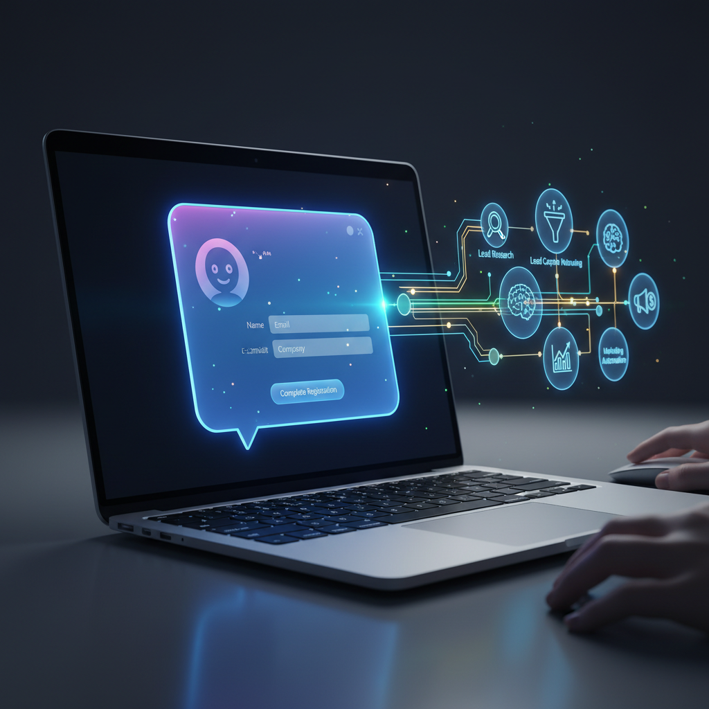 A photorealistic image of a polished chatbot interface guiding a user through a registration flow on a laptop screen, with a bright glow and behind it a glowing pipeline of touchpoints linking the chat to a set of icons representing lead management and marketing automation, illustrating lead capture transformation. Cinematic lighting, professional studio quality, 8k.