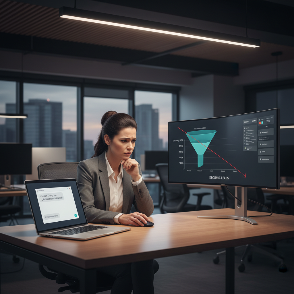 A photorealistic image of a modern office desk with a laptop displaying a chatbot chat window and a separate monitor showing a declining lead funnel; a marketing manager sits nearby, looking at the screens with a concerned expression. Cinematic lighting, professional studio quality, 8k.