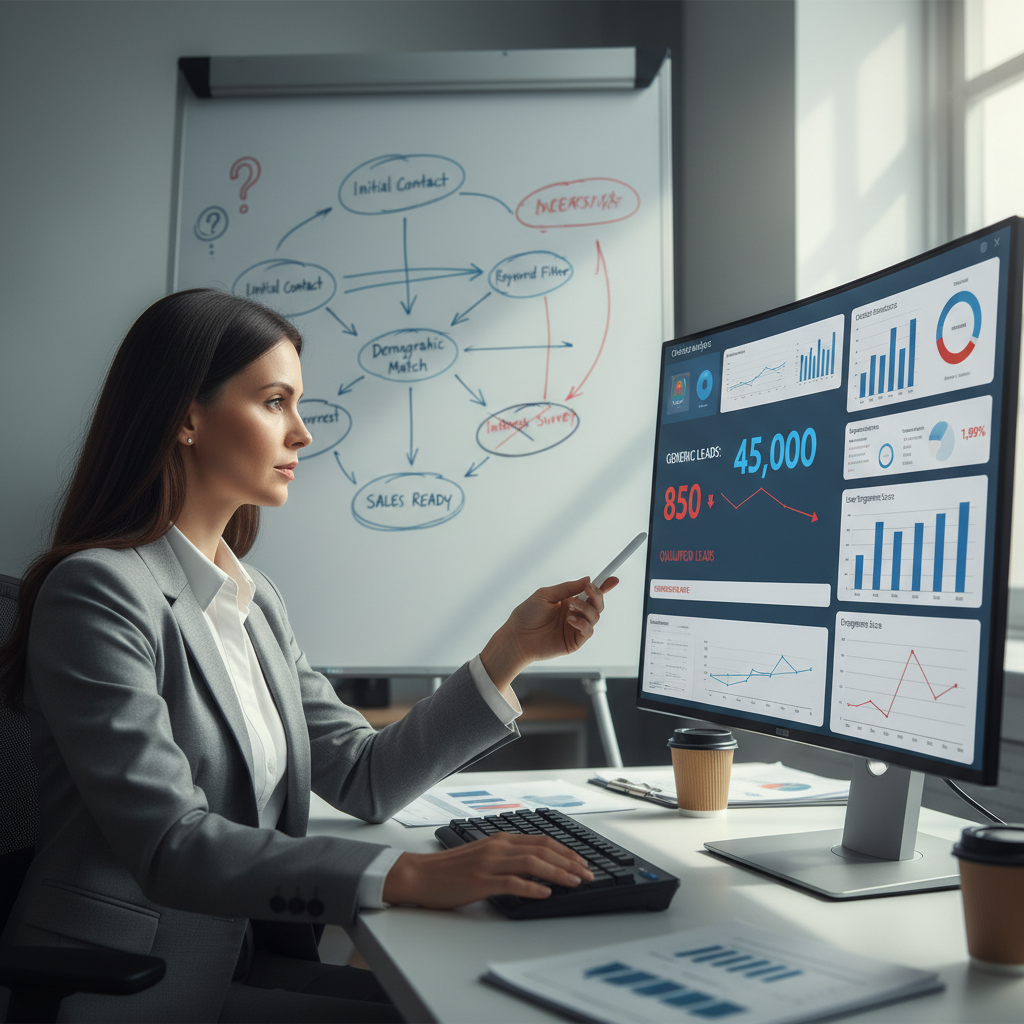 A photorealistic image of a business analyst at a desk examining a chatbot analytics dashboard on a large monitor, showing a high volume of generic leads and a low count of qualified leads; a whiteboard in the background with abstract diagrams about lead qualification. Cinematic lighting, professional studio quality, 8k.