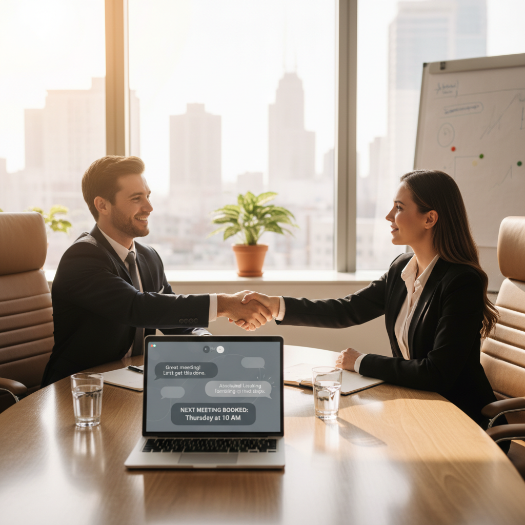 A photorealistic image of a bright conference room where a salesperson and a client shake hands across a table; a laptop on the table shows an active chat window with generic speech bubbles, signaling a successful conversation and a booked next step. Cinematic lighting, professional studio quality, 8k.