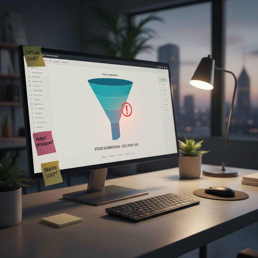 A photorealistic image of a modern desktop setup with a monitor showing a marketing analytics dashboard. The funnel graphic highlights a stuck form submission step, with a red warning indicator and sticky notes nearby, conveying obstacles to lead capture. Cinematic lighting, professional studio quality, 8k.