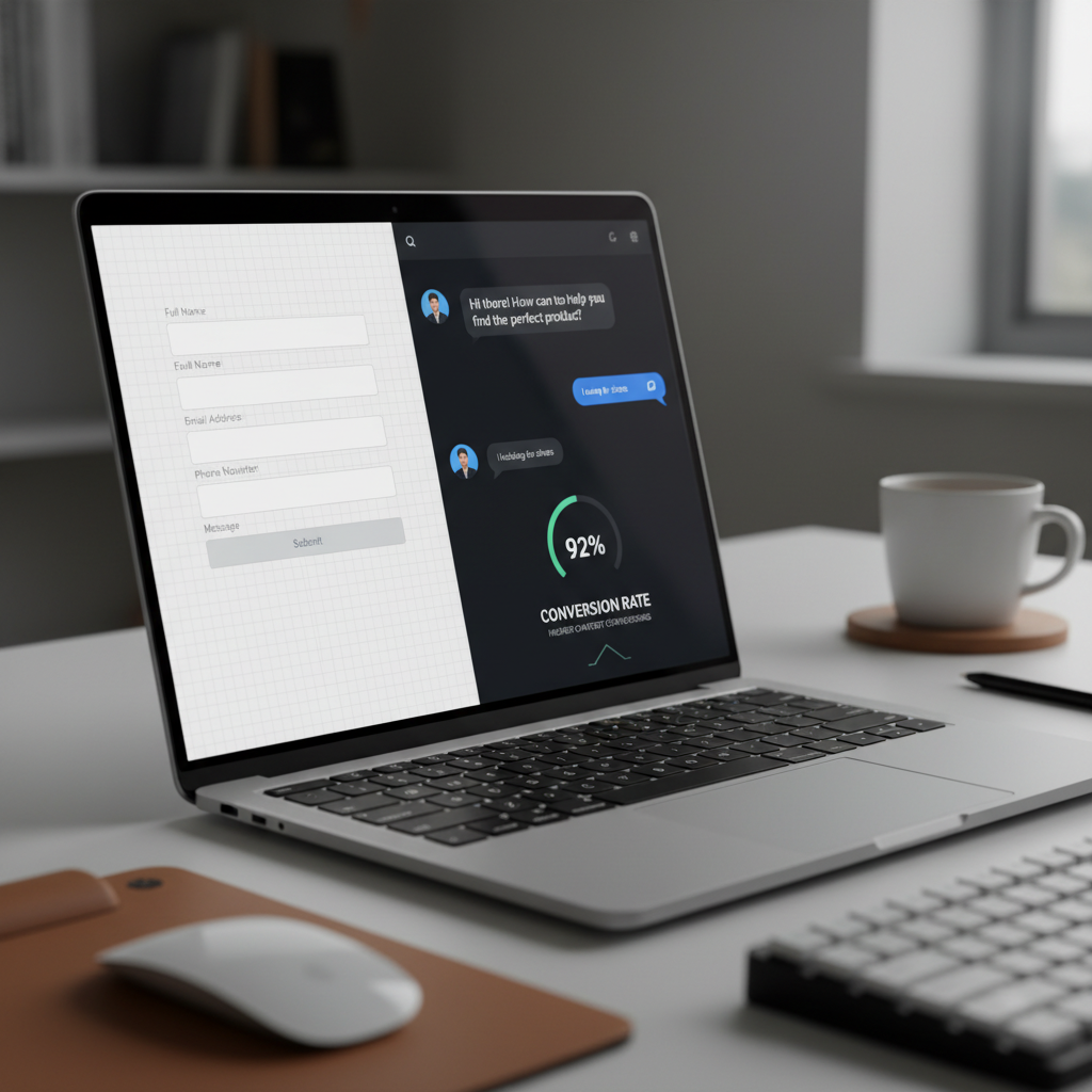 A photorealistic image of a laptop screen showing two side-by-side interfaces: on the left, a blank form layout with empty fields; on the right, a polished chatbot interface with rounded speech bubbles and a rising performance gauge, illustrating higher conversions for the chatbot. Cinematic lighting, professional studio quality, 8k.
