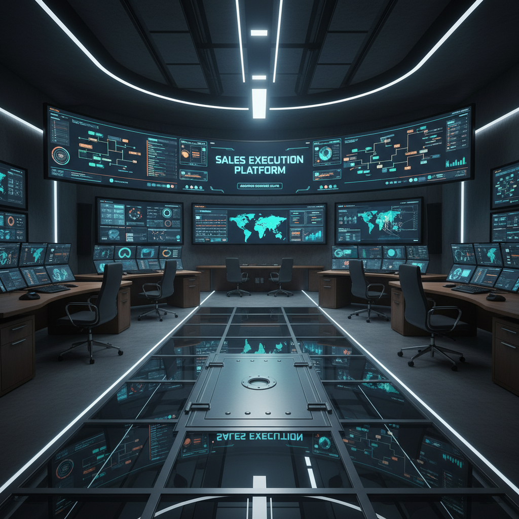 A photorealistic image of a modern sales operations command center: a glass floor reveals a concealed trap door beneath as a wall of monitors displays a complex sales automation workflow. Cinematic lighting, professional studio quality, 8k.