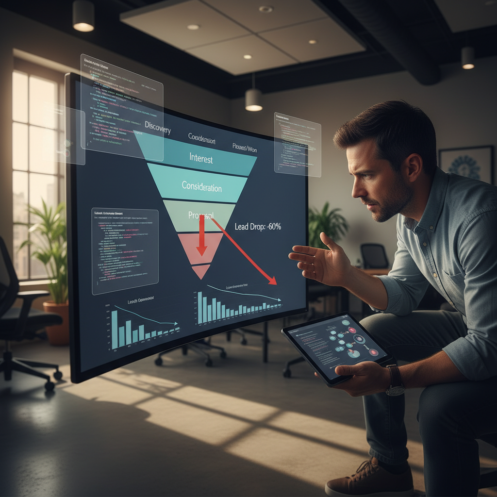 A photorealistic image of a computer monitor showing a sales funnel with multiple stages and a noticeable drop in leads, while an analyst reviews the automation settings. Cinematic lighting, professional studio quality, 8k.