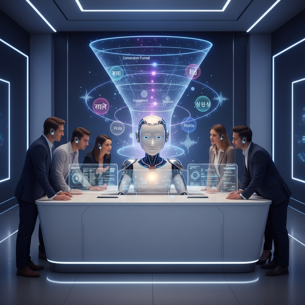 A photorealistic image of a futuristic customer service desk where an advanced AI bot listens to a diverse group of leads via a multi-language audio-visual interface, with glowing language icons around the bot and a holographic conversion funnel subtly visible in the background. Cinematic lighting, professional studio quality, 8k.