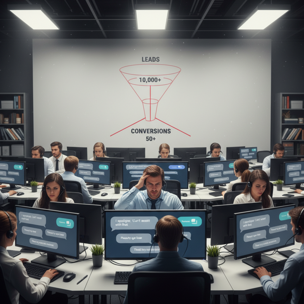 A photorealistic image of a busy contact center where a row of monitors displays repetitive chatbot responses, a frustrated lead speaking on a headset, and a wall chart showing a funnel with many leads at the top and few conversions at the bottom. Cinematic lighting, professional studio quality, 8k.