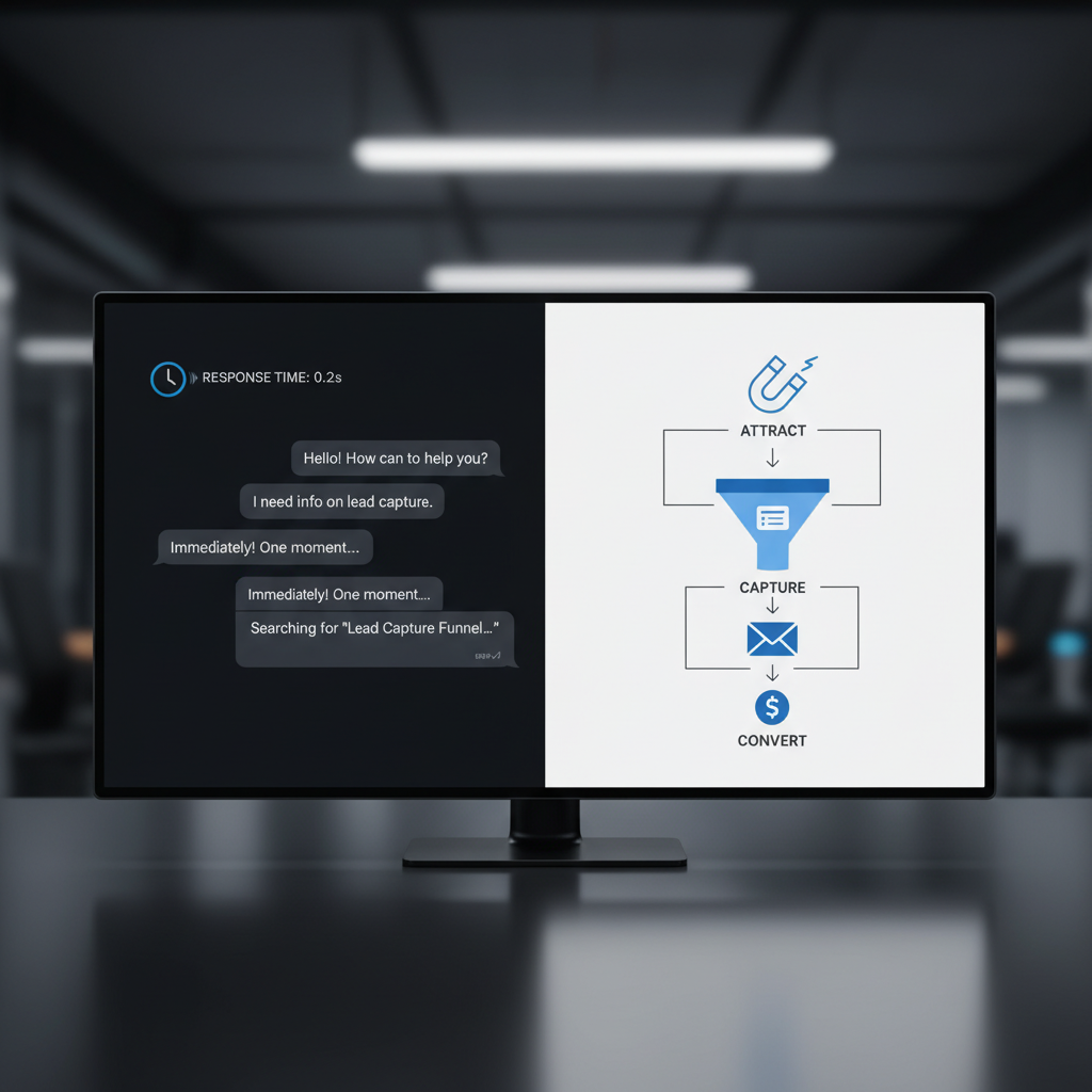 A photorealistic image of a split-screen: on the left, a rapid-response chatbot interface with a visible clock icon; on the right, a multi-stage funnel represented by simple icons connected by arrows, illustrating a capture funnel from top to bottom. Cinematic lighting, professional studio quality, 8k.