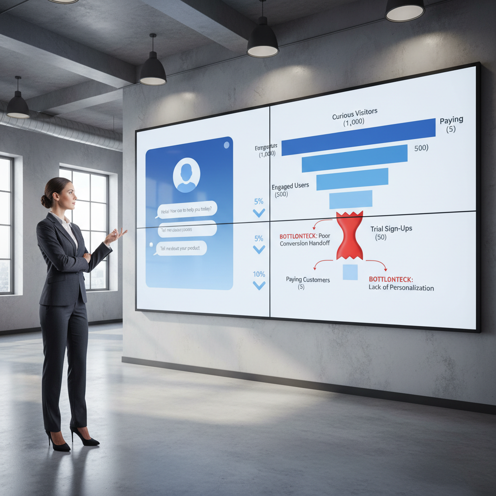 A photorealistic image of a business professional in a modern office standing before a large wall screen that shows a sleek chatbot interface on the left and a multi-stage conversion funnel with visible bottlenecks on the right, illustrating how the bot fails to convert curious visitors into customers. Cinematic lighting, professional studio quality, 8k.