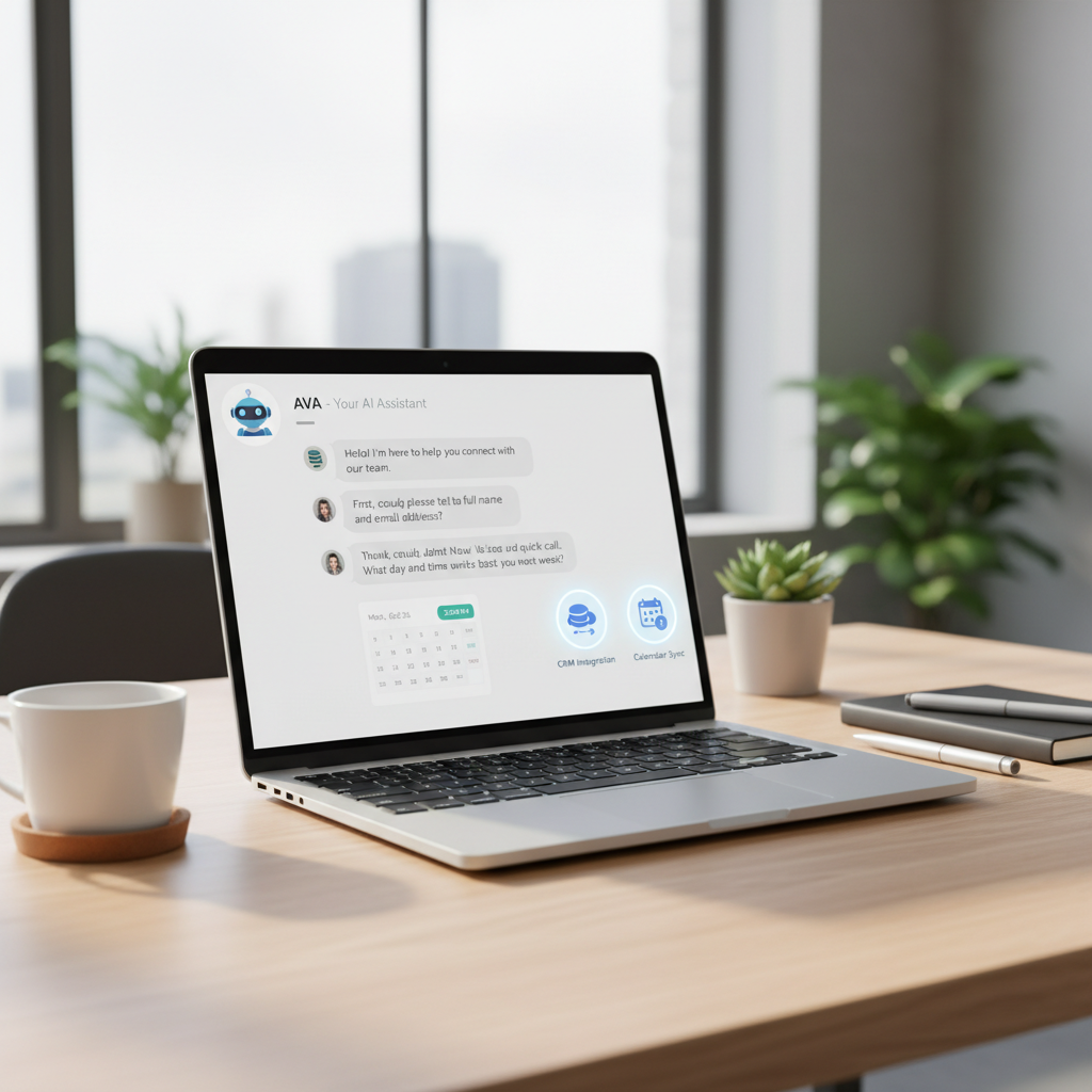 A photorealistic image of a bright, clean desk with a laptop showing a polished chatbot conversation that collects contact information and schedules a calendar appointment, with clearly visible icons representing CRM integration and calendar, illustrating what a Virtual Assistant can actually do to capture leads. Cinematic lighting, professional studio quality, 8k.