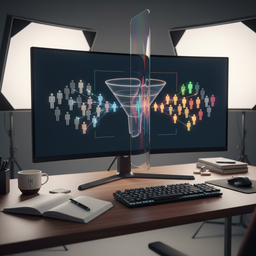 A photorealistic image of a modern marketing workspace with a large curved monitor displaying a funnel and abstract conversion lines. A transparent shimmering vertical filter sits between two streams: on the left, gray visitor silhouettes; on the right, bright lead silhouettes converging toward the funnel. A coffee cup, notebook, and keyboard rest on a sleek desk. Cinematic lighting, professional studio quality, 8k.