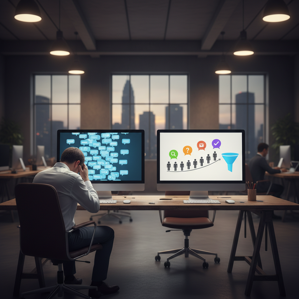 A photorealistic image of an open-plan office with two monitors on a shared desk. The left monitor shows a continuous stream of identical light-blue chat bubbles flowing toward a tired salesperson, while the right monitor displays a clean interface with a few distinct, differently colored bubbles guiding a line of engaged silhouettes toward a funnel. Cinematic lighting, professional studio quality, 8k.