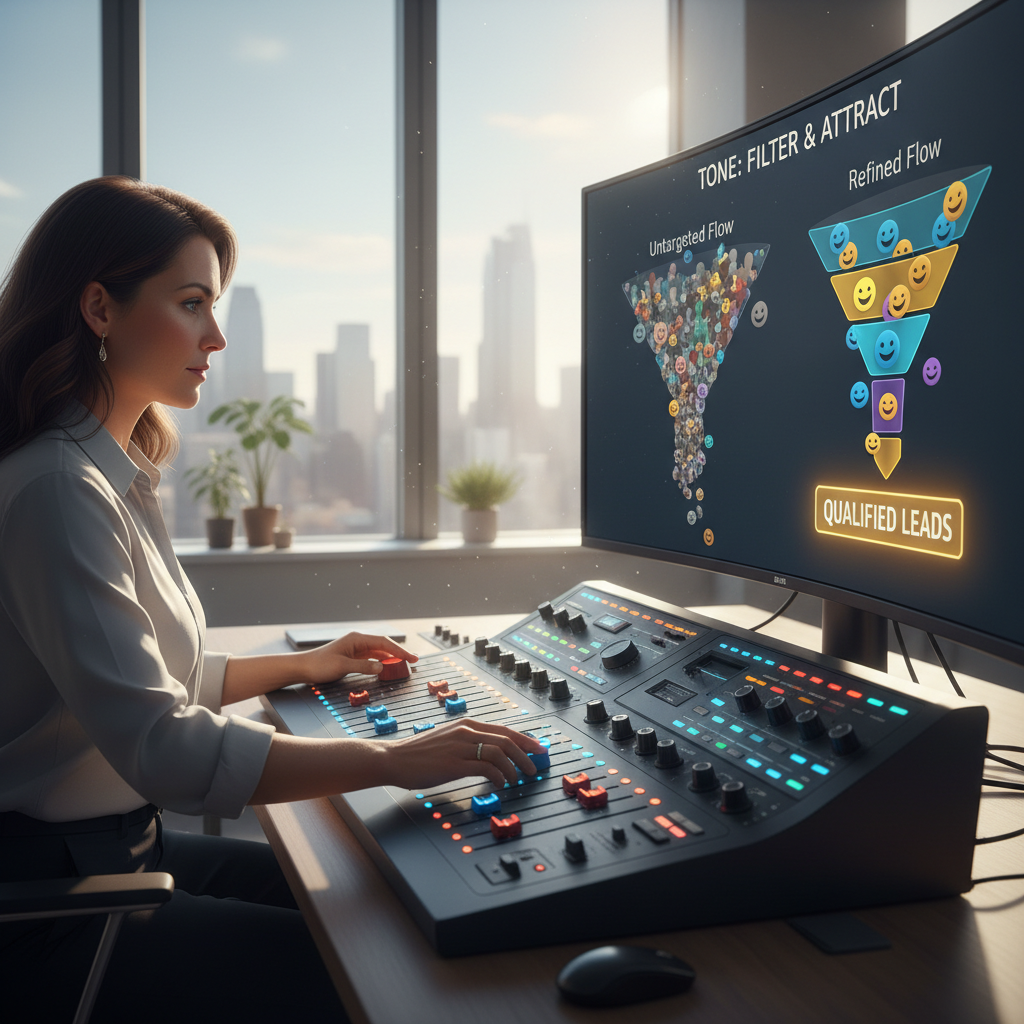 A photorealistic image of a marketer in a bright office adjusting a large tone-control panel with multicolored sliders and circular indicators. The adjacent screen shows two funnels: a busy, dull flow on one side and a focused, high-quality flow on the other, illustrating how tone filters and attracts leads. Cinematic lighting, professional studio quality, 8k.
