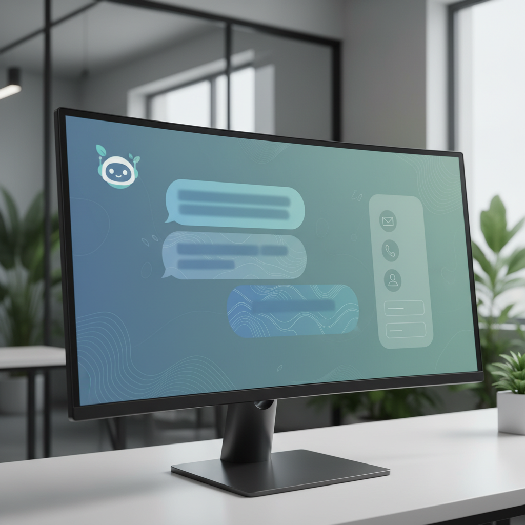 A photorealistic image of a sleek, friendly marketing chatbot interface on a large desktop monitor in a modern office, showing a calm, helpful exchange with a visitor and a discreet lead-capture panel with neutral icons; no readable text is visible in the chat bubbles. Cinematic lighting, professional studio quality, 8k.