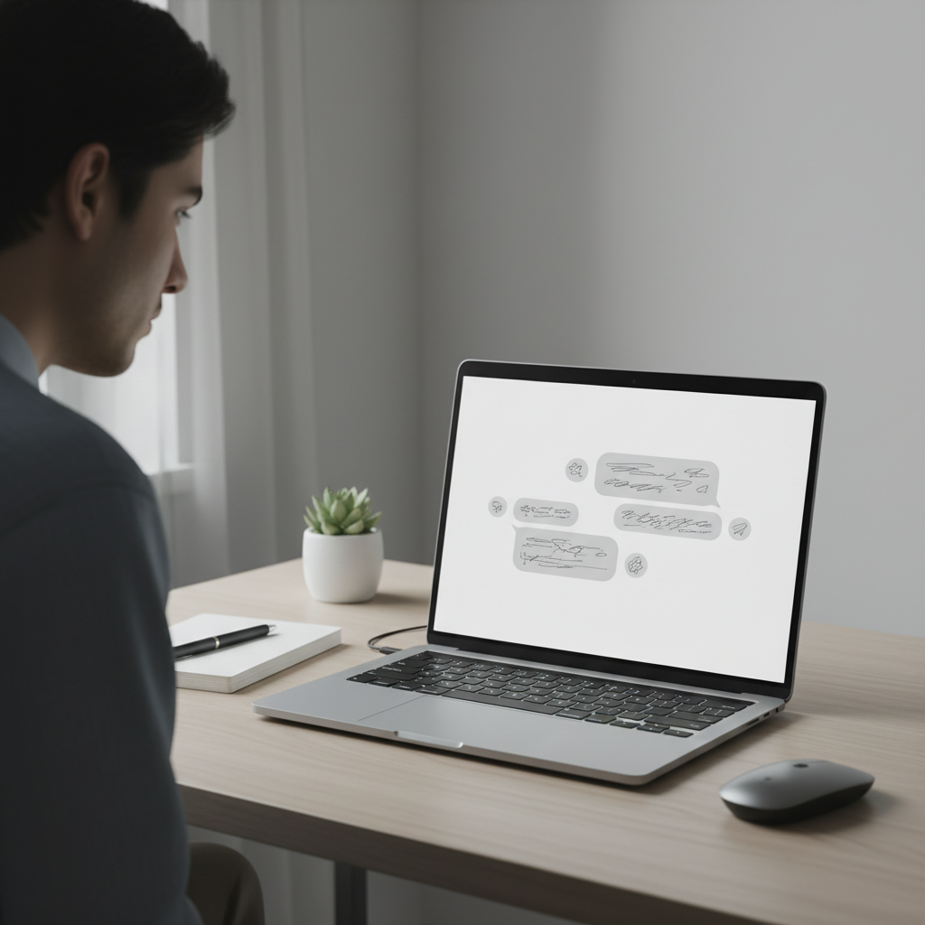 A photorealistic image of a laptop screen displaying a chat window with bland, generic message bubbles and a user turning away with a disappointed expression on a tidy desk; no readable text is visible in the bubbles. Cinematic lighting, professional studio quality, 8k.