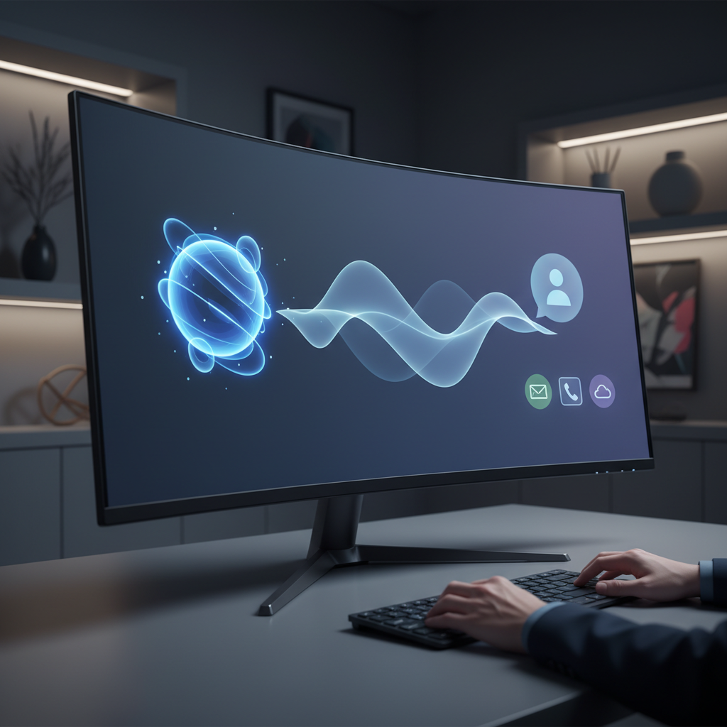 A photorealistic image of a modern marketing chatbot on a wide monitor guiding a user through a natural, confident conversation, with a subtle, elegant lead-capture prompt integrated into the chat interface as icons or gentle shapes; no readable text is visible. Cinematic lighting, professional studio quality, 8k.