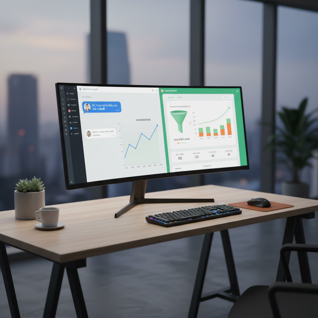 A photorealistic image of a modern office desk with a high-resolution desktop monitor displaying a live customer support chat on the left and a connected CRM dashboard on the right showing conversations transforming into qualified leads. Cinematic lighting, professional studio quality, 8k.