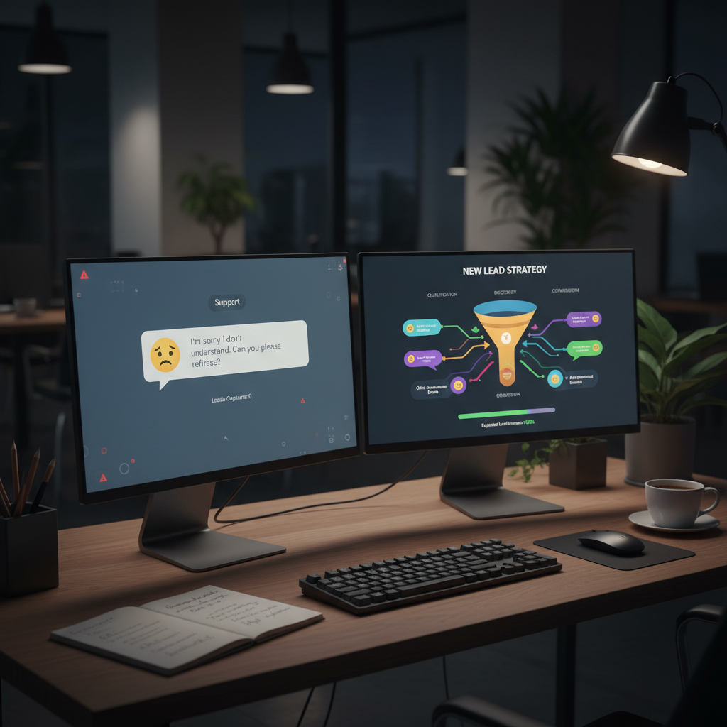 A photorealistic image of a desk setup with a computer monitor displaying a support chatbot that fails to capture leads, and a second screen illustrating a revised strategy with a clearer lead funnel and improved conversation flow. Cinematic lighting, professional studio quality, 8k.