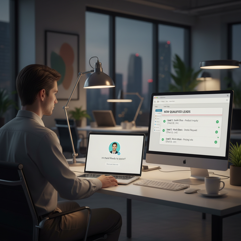 A photorealistic image of a contemporary office scene where a support chatbot on a laptop engages in a concise, non-intrusive dialogue, with a CRM dashboard nearby showing newly created qualified leads linked to conversations. Cinematic lighting, professional studio quality, 8k.