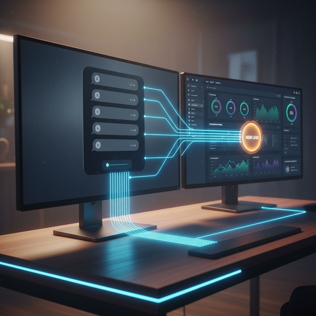 A photorealistic image of a sleek chatbot interface on a large desktop monitor, blank chat bubbles indicating conversations with no readable text, streams of data from the chat flowing directly into a connected CRM dashboard on a second screen, ending at a glowing lead-like node; no forms visible. Cinematic lighting, professional studio quality, 8k.