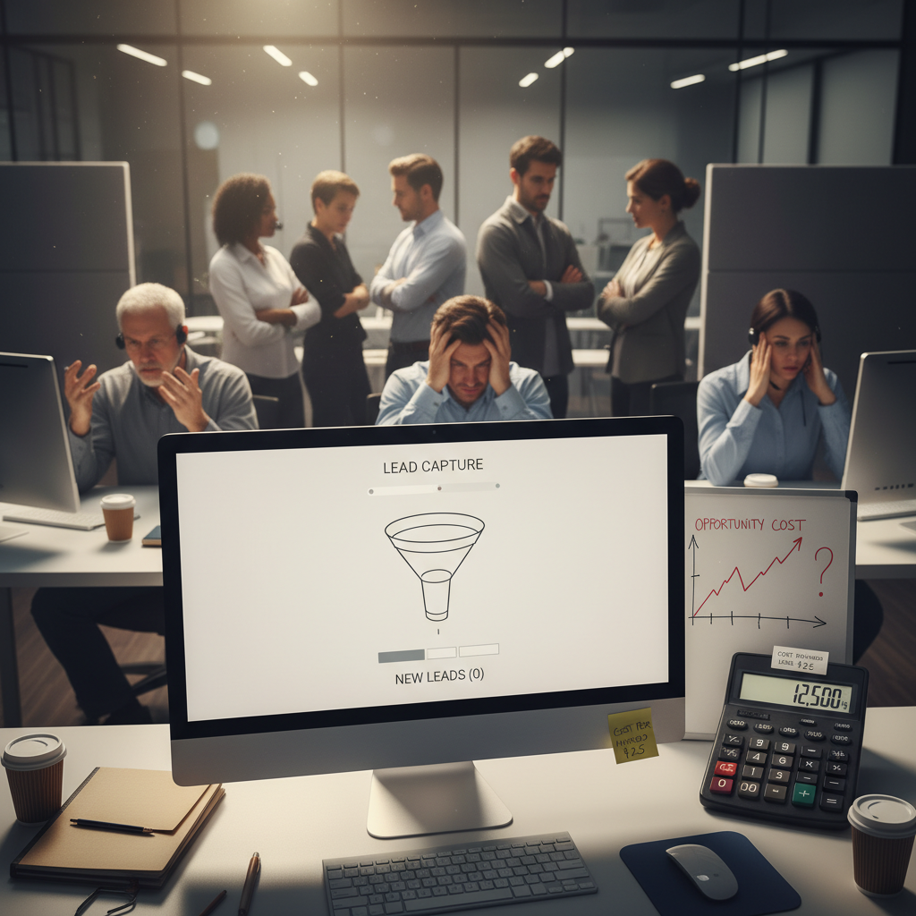 A photorealistic image of a busy customer service desk with a computer monitor displaying a chatbot interface; the screen shows an empty lead capture funnel and no new leads, while a nearby calculator and a simple line chart illustrate the cost of missed opportunities. Cinematic lighting, professional studio quality, 8k.