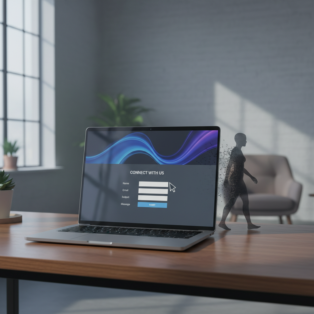 A photorealistic image of a website landing page on a laptop screen; a cursor approaches a contact form but a silhouette of a visitor exits the page through the edge of the screen, leaving the contact form empty. Cinematic lighting, professional studio quality, 8k.
