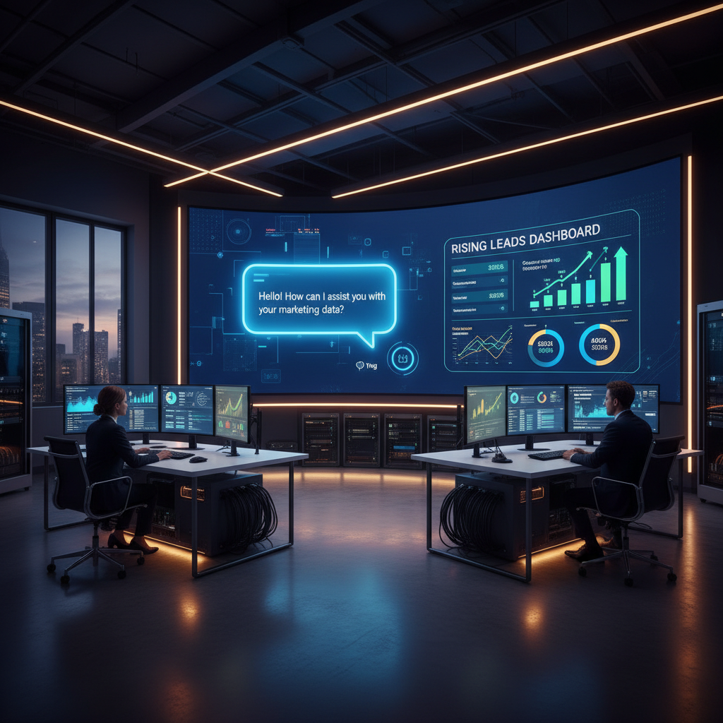 A photorealistic image of a modern marketing command center with a large wall-mounted monitor displaying a chatbot interface and a rising leads dashboard. Cinematic lighting, professional studio quality, 8k.