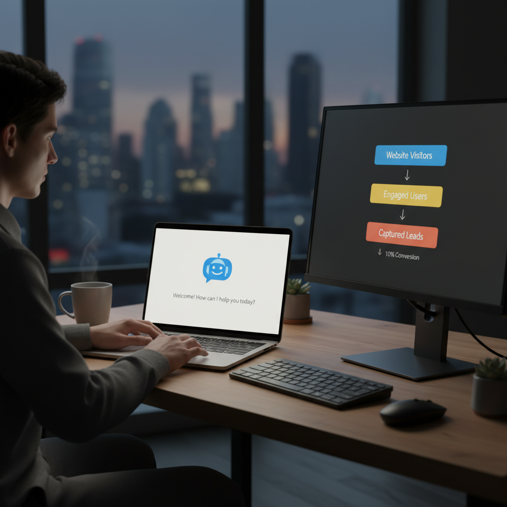 A photorealistic image of a person at a desk interacting with a website chatbot on a laptop; on a second monitor a three-block funnel diagram shows a narrow bottom block to illustrate poor lead capture. Cinematic lighting, professional studio quality, 8k.