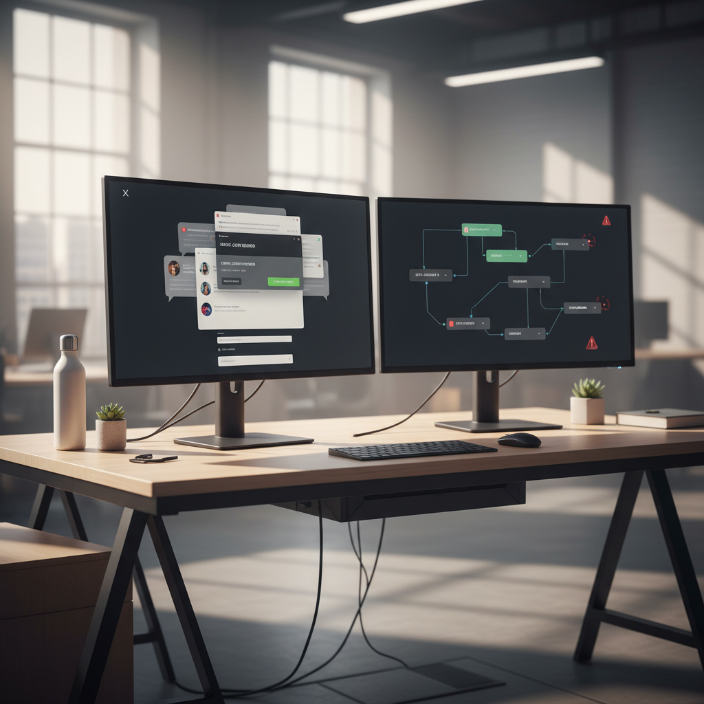 A photorealistic image of a modern office desk with two monitors; left screen shows a website chat widget with cluttered UI and overlapping prompts; right screen shows a data flow diagram with disconnected arrows and red warning symbols. Cinematic lighting, professional studio quality, 8k.