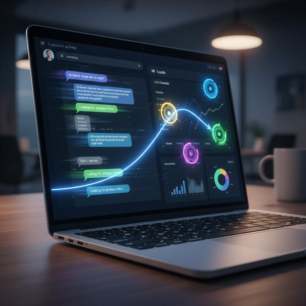 A photorealistic image of a laptop screen displaying a chat interface on the left with rapid message bubbles, and a CRM-style dashboard on the right showing glowing lead icons connected by a bright line from chat to leads. Cinematic lighting, professional studio quality, 8k.