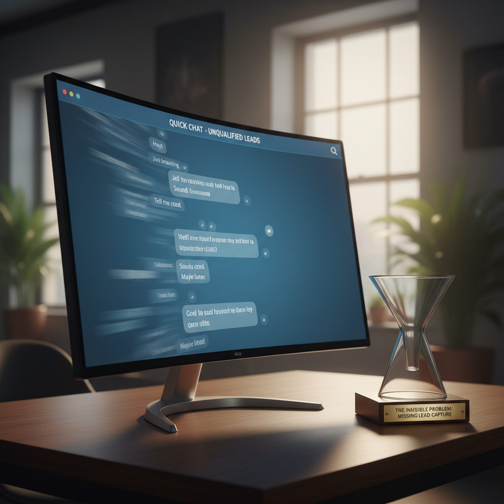 A photorealistic image of a desktop monitor showing a fast chat window with rapid messages, and an empty funnel icon on the desk beside it, illustrating the invisible problem of missing lead capture. Cinematic lighting, professional studio quality, 8k.