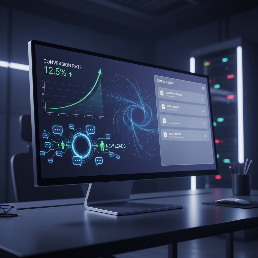 A photorealistic image of a computer screen displaying an integrated chatbot dashboard with a rising conversion rate, a stream of chat icons flowing into newly created lead icons, and a CRM panel in the background. Cinematic lighting, professional studio quality, 8k.