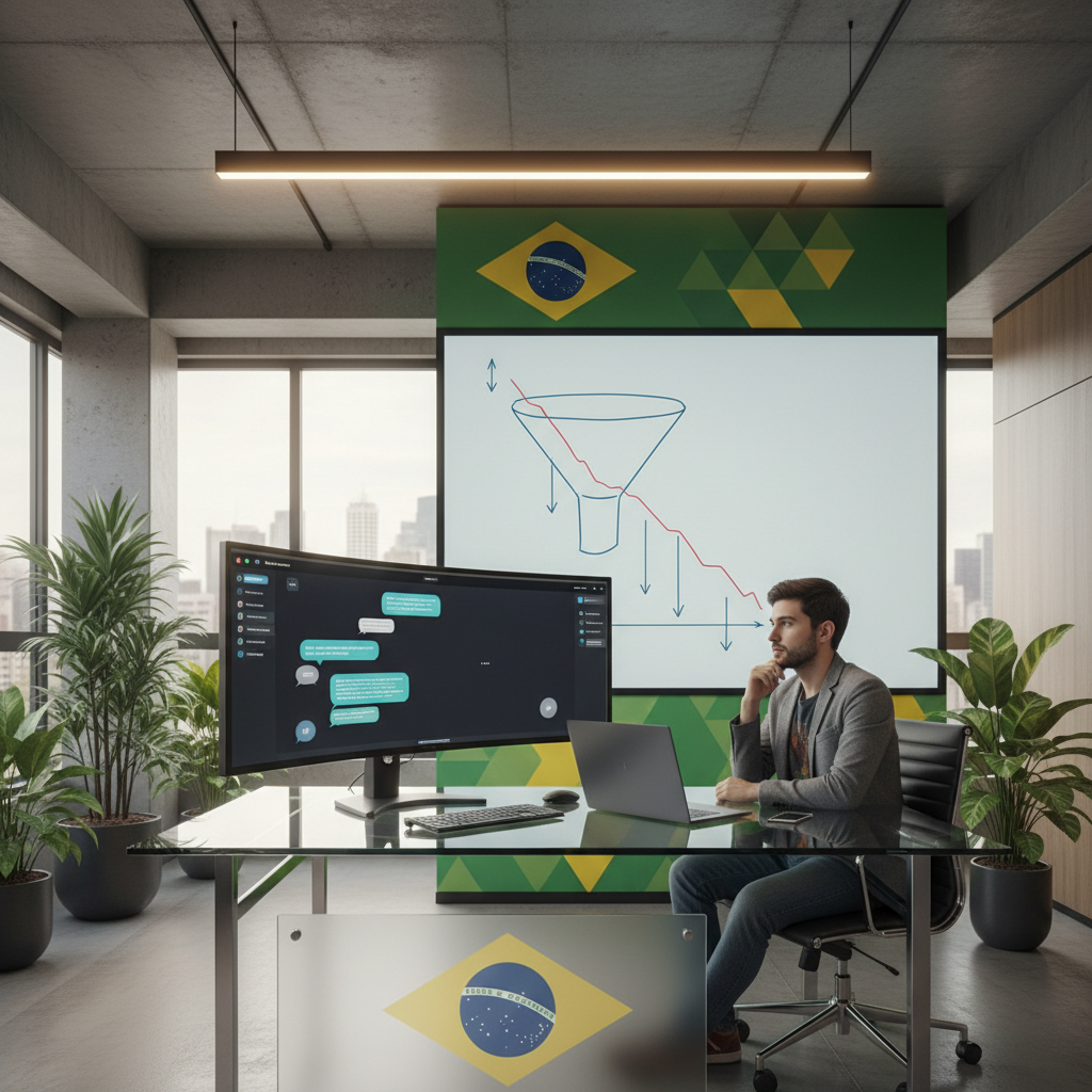 A photorealistic image of a Brazilian tech office with a large monitor displaying a generic chatbot interface made of speech bubbles and ellipses, while a marketer at a glass desk watches a whiteboard showing a funnel with a downward trend; a subtle Brazilian flag motif decorates the desk and wall. Cinematic lighting, professional studio quality, 8k.