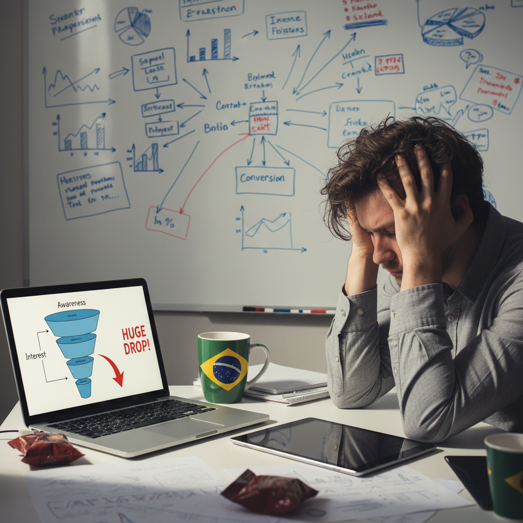 A photorealistic image of a desk with a laptop and tablet showing a multi-stage funnel with a clear drop between stages, a stressed marketer holding their head, a messy whiteboard of charts in the background, and a mug bearing the Brazilian flag. Cinematic lighting, professional studio quality, 8k.