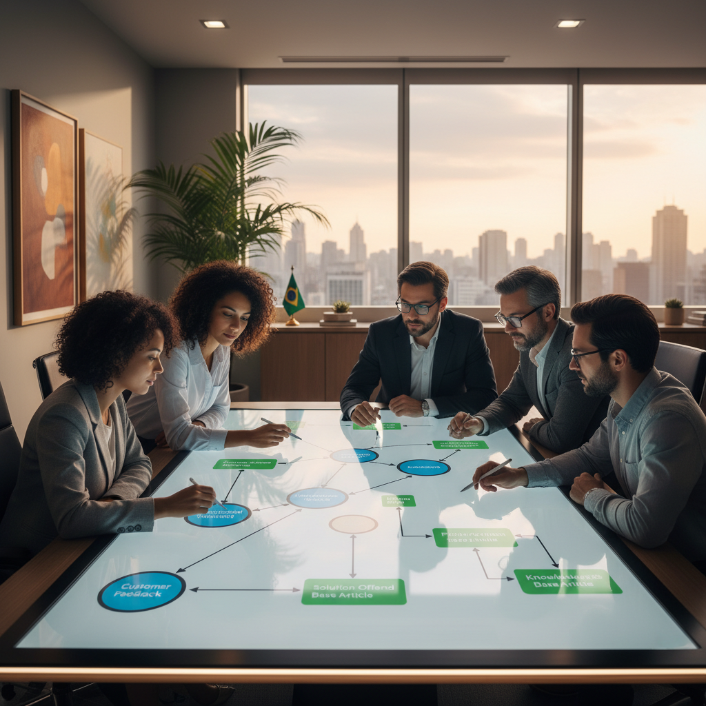 A photorealistic image of a team around a conference table reviewing a large touchscreen with a node-based dialogue graph, icons representing questions and responses, and a calm, collaborative atmosphere; Brazilian office accents and flag decor visible. Cinematic lighting, professional studio quality, 8k.