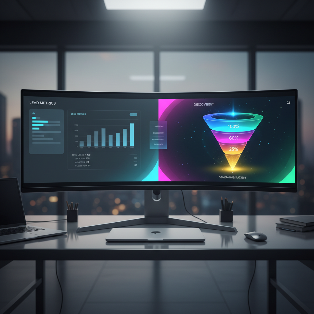 A photorealistic image of a modern office desk with a large monitor split in two: on the left, a dull chatbot interface with flat lead metrics; on the right, a transformed chatbot interface with a glowing colorful lead funnel illustrating conversion. Cinematic lighting, professional studio quality, 8k.