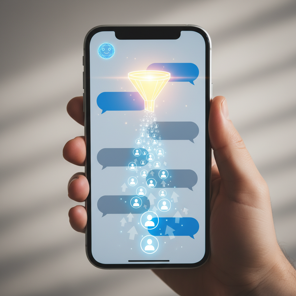 A photorealistic image of a smartphone held in a user's hand, showing a messaging app interface with chat bubbles that have no visible text and a friendly chatbot avatar; a stream of glowing lead icons rises from the chat toward a bright funnel to illustrate conversion from conversation to qualified prospects. Cinematic lighting, professional studio quality, 8k.