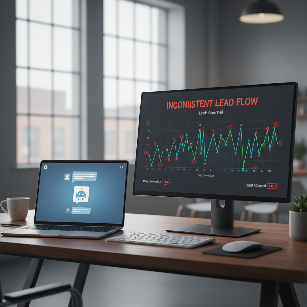 A photorealistic image of a desk with a laptop displaying a chatbot UI and a second monitor showing fluctuating lead graphs with jagged lines and red indicators, symbolizing inconsistent lead generation. Cinematic lighting, professional studio quality, 8k.