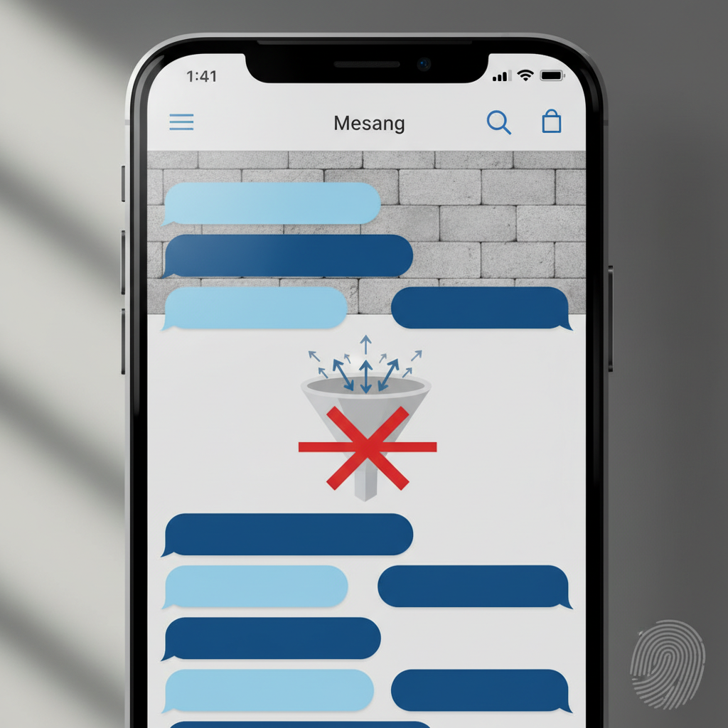 A photorealistic image of a close-up smartphone screen with a messaging app open; the chat bubbles have no visible text and the background displays a barrier-like wall and a blocked funnel graphic, representing blocked conversion and stagnant leads. Cinematic lighting, professional studio quality, 8k.