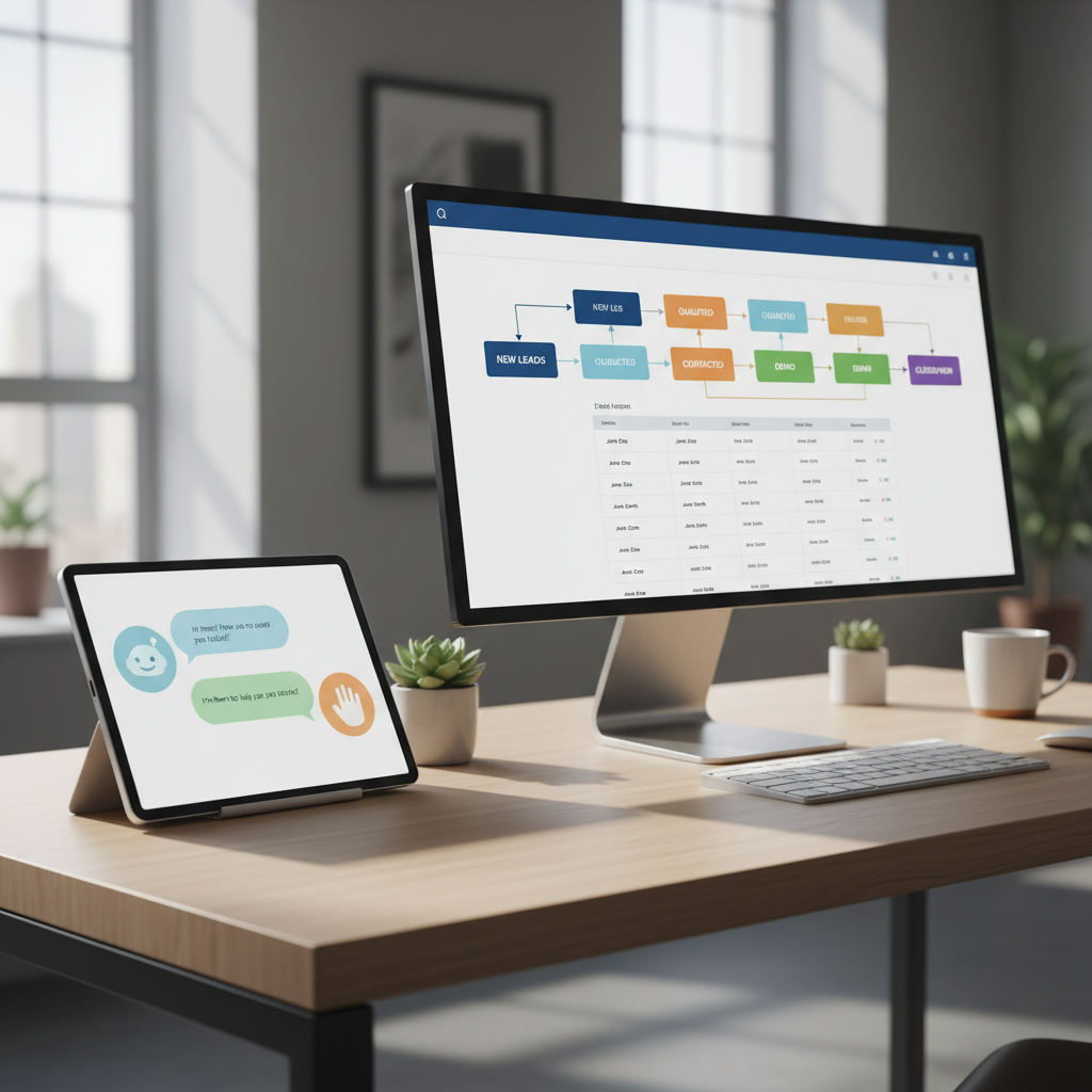 A photorealistic image of a calm, modern workspace featuring a tablet displaying a friendly, non-intrusive chatbot interaction illustrated by speech-bubble icons, and a second monitor displaying a clean lead capture pipeline feeding into a CRM. Cinematic lighting, professional studio quality, 8k.