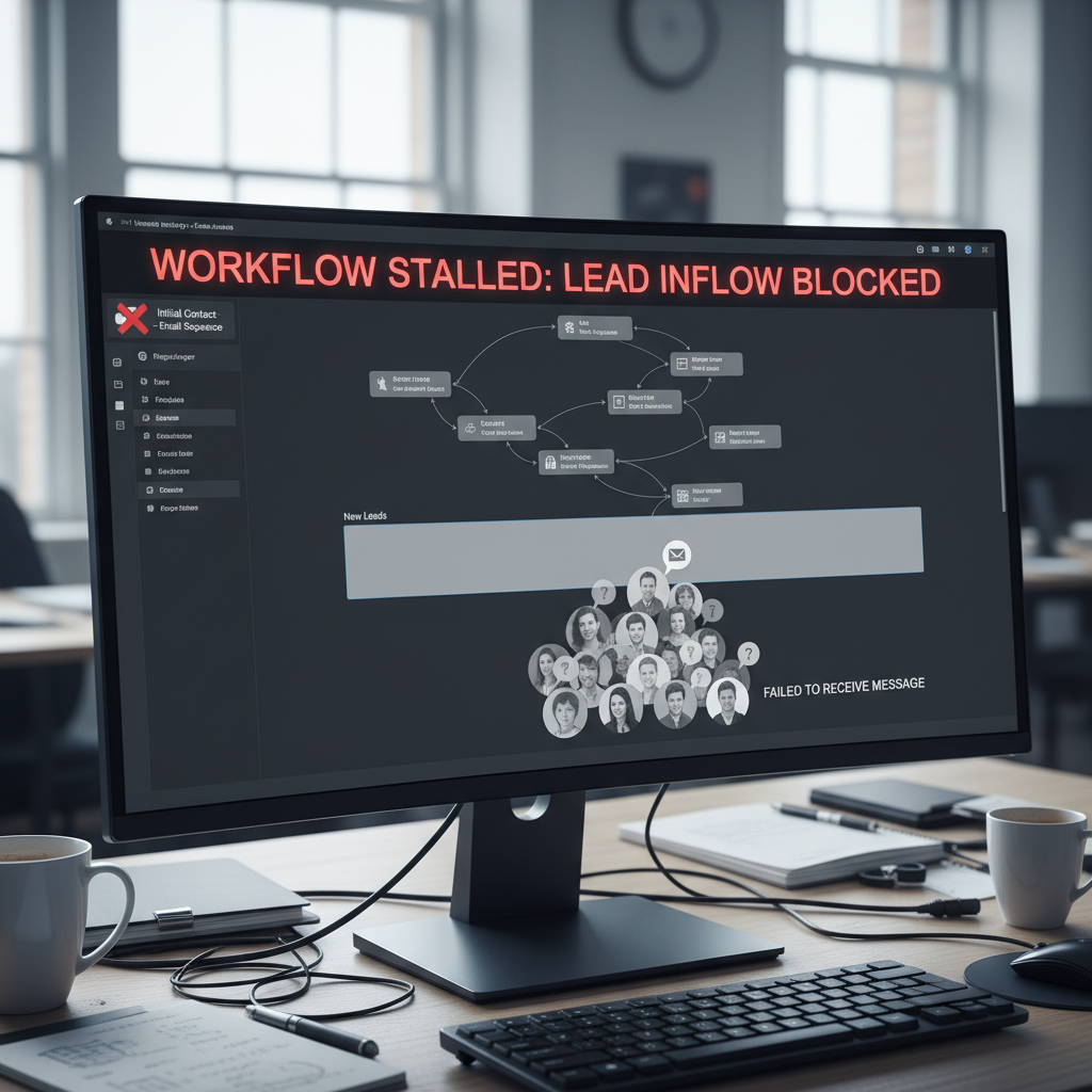 A photorealistic image of a marketing operations desk with a large computer monitor displaying a marketing automation workflow; the first trigger is disabled, causing the top of the lead funnel to stall and lead avatars to turn gray as they fail to receive the initial message. Cinematic lighting, professional studio quality, 8k.