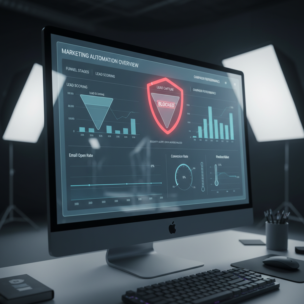 A photorealistic image of a close-up on a computer screen showing a marketing automation dashboard; the top stage of the lead capture funnel is blocked by a red shield icon while downstream charts indicate stagnation. Cinematic lighting, professional studio quality, 8k.
